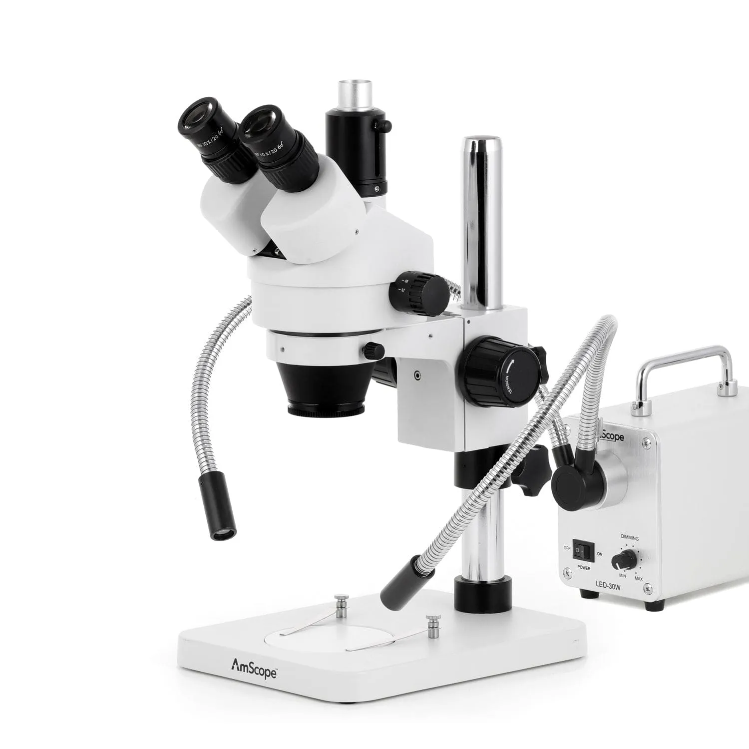 AmScope SM-1 Series Zoom Trinocular Stereo Microscope with 30W LED Dual Gooseneck Fiber Optic Lights and HDMI Camera on Pillar Stand