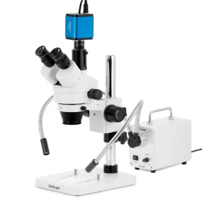 AmScope SM-1 Series Zoom Trinocular Stereo Microscope with 30W LED Dual Gooseneck Fiber Optic Lights and HDMI Camera on Pillar Stand