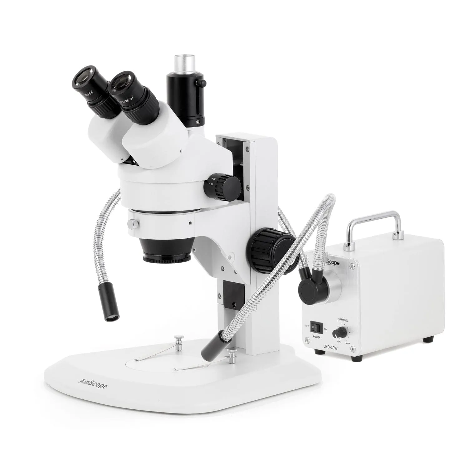 AmScope SM-1 Series Zoom Trinocular Stereo Microscope with 30W LED Dual Gooseneck Fiber Optic Lights and HDMI Camera on Track Stand