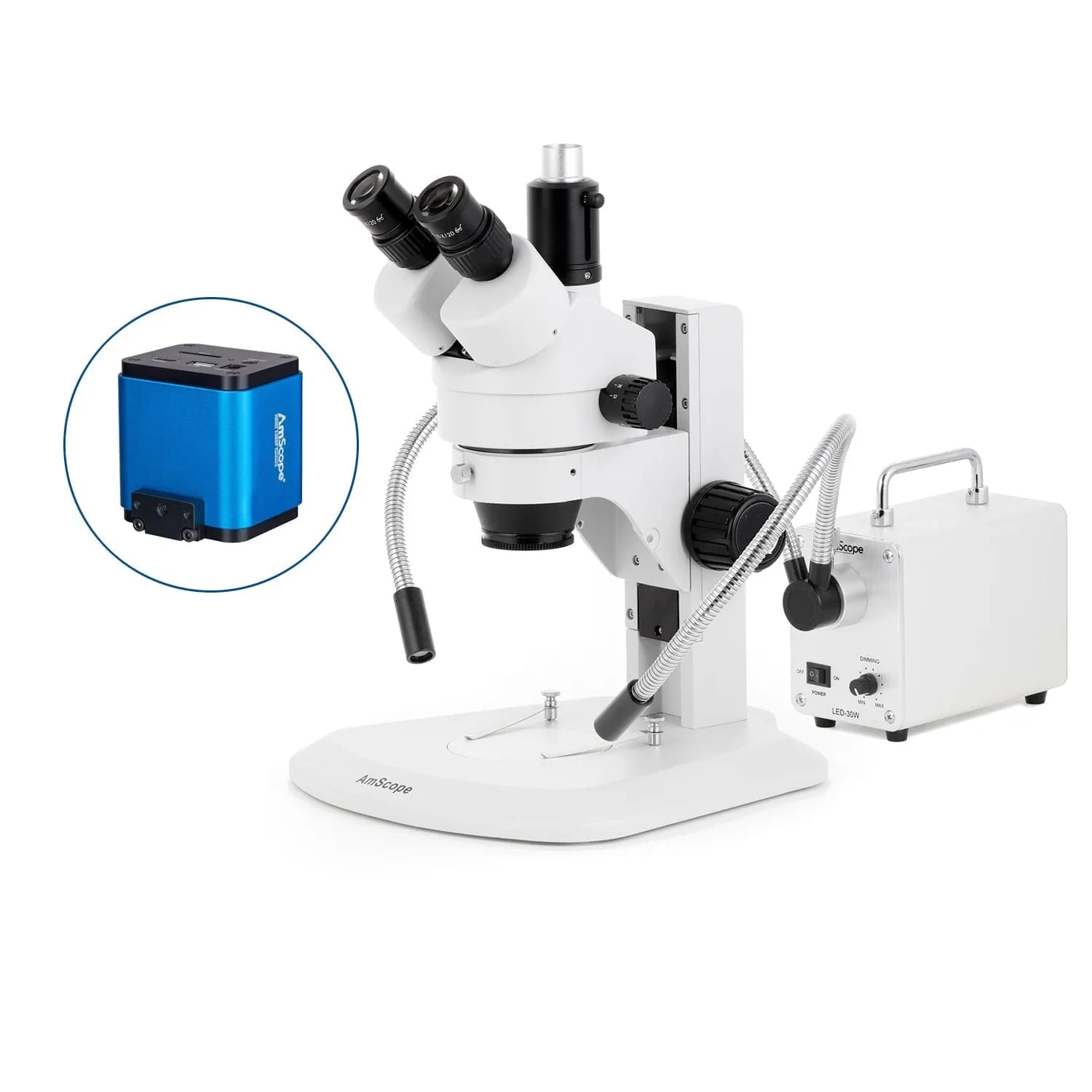 AmScope SM-1 Series Zoom Trinocular Stereo Microscope with 30W LED Dual Gooseneck Fiber Optic Lights and HDMI Camera on Track Stand