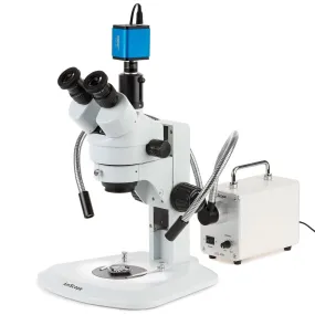 AmScope SM-1 Series Zoom Trinocular Stereo Microscope with 30W LED Dual Gooseneck Fiber Optic Lights and HDMI Camera on Track Stand