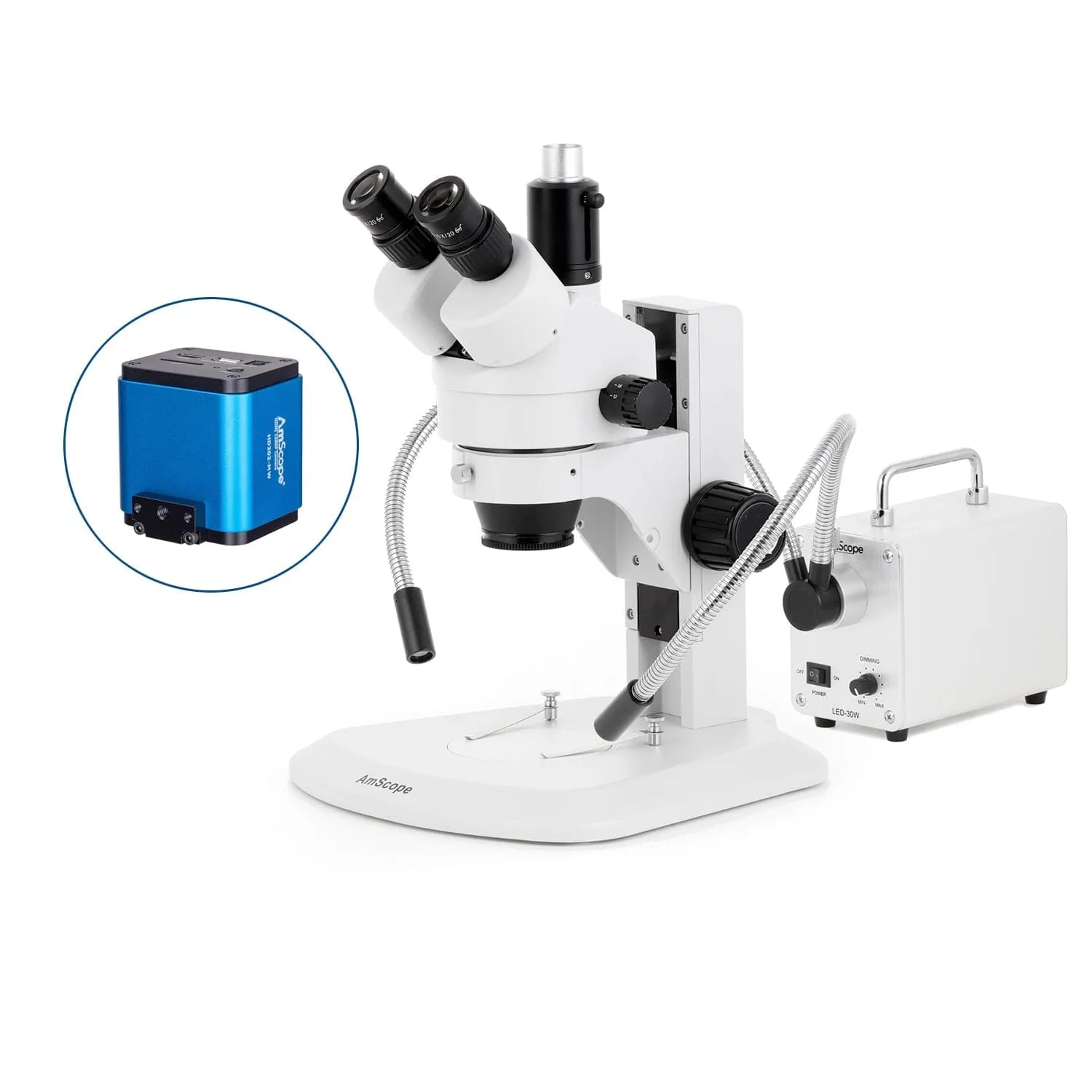 AmScope SM-1 Series Zoom Trinocular Stereo Microscope with 30W LED Dual Gooseneck Fiber Optic Lights and HDMI Camera on Track Stand