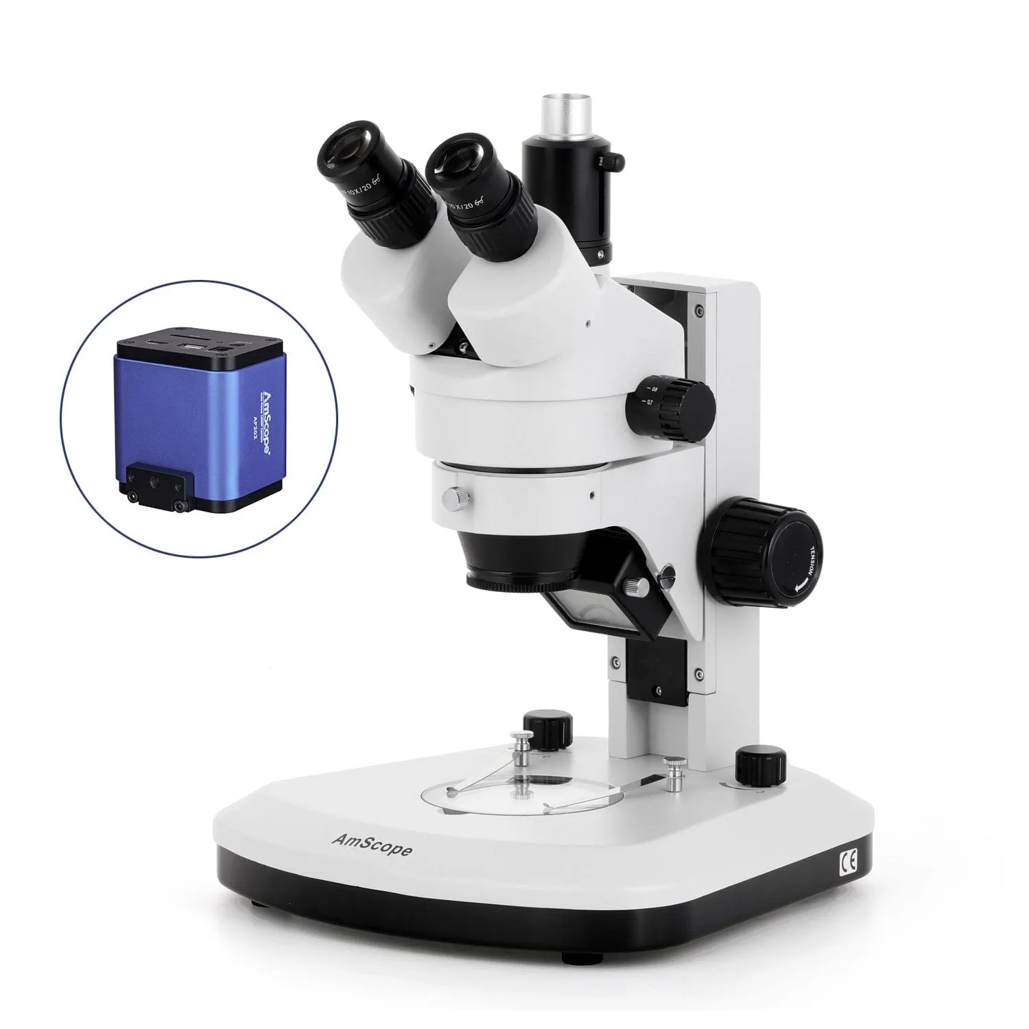 AmScope SM-1 Series Zoom Trinocular Stereo Microscope with Dual LED, Auto Focus Camera on Track Stand