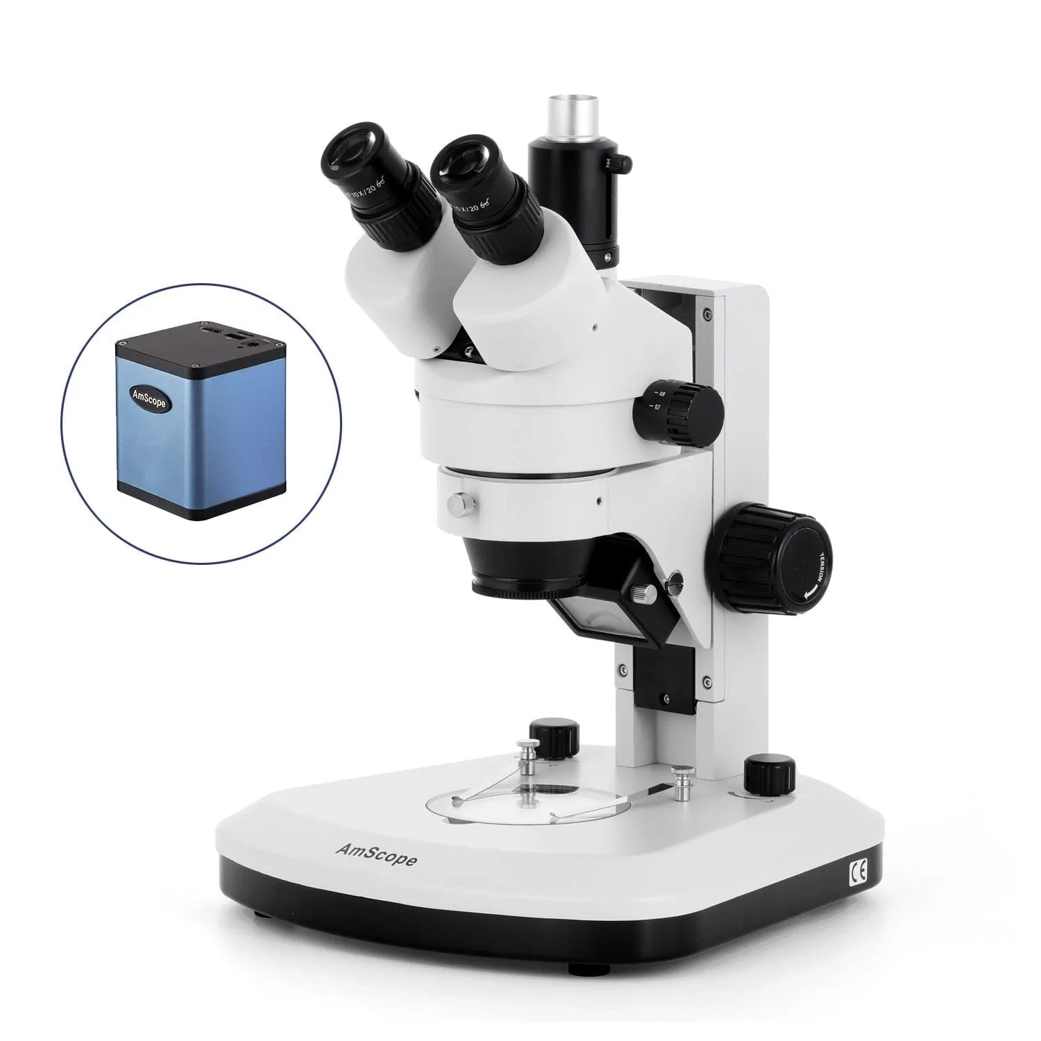 AmScope SM-1 Series Zoom Trinocular Stereo Microscope with Dual LED, Auto Focus Camera on Track Stand