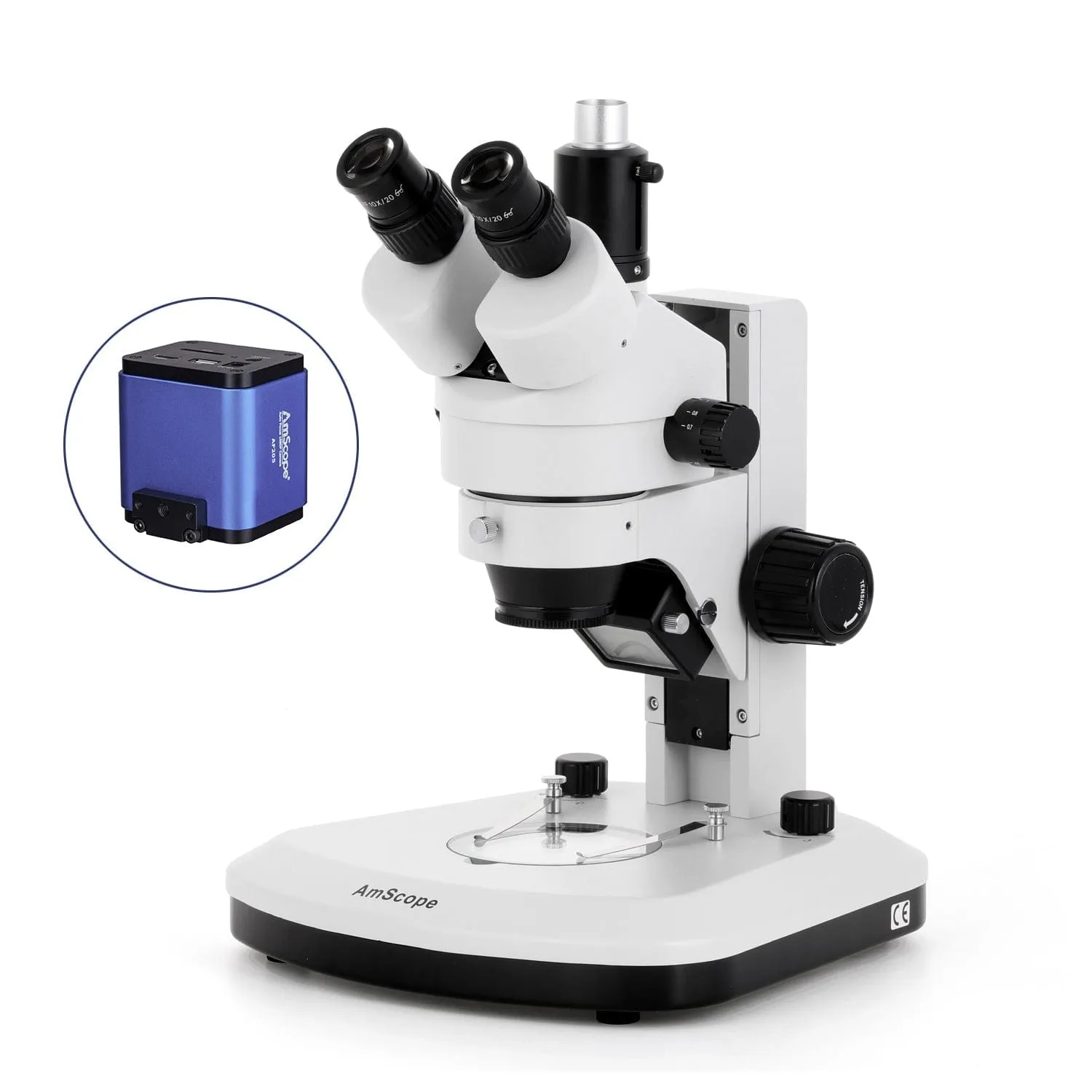 AmScope SM-1 Series Zoom Trinocular Stereo Microscope with Dual LED, Auto Focus Camera on Track Stand