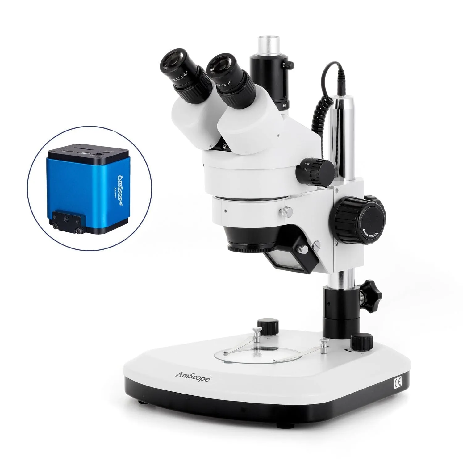 AmScope SM-1 Series Zoom Trinocular Stereo Microscope with LED Light, Auto Focus Camera on Pillar Stand with Extra Large Base Plate