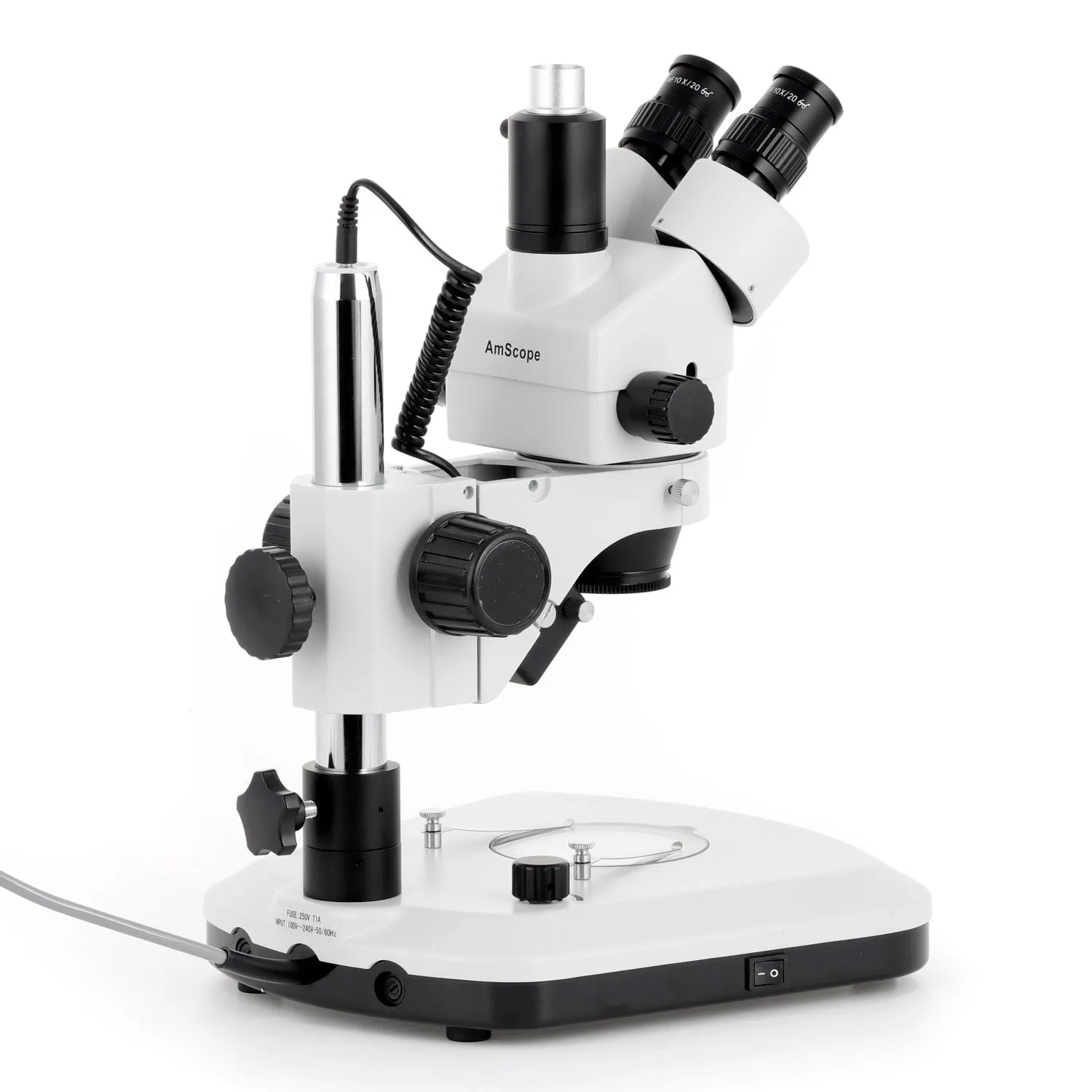 AmScope SM-1 Series Zoom Trinocular Stereo Microscope with LED Light, Auto Focus Camera on Pillar Stand with Extra Large Base Plate