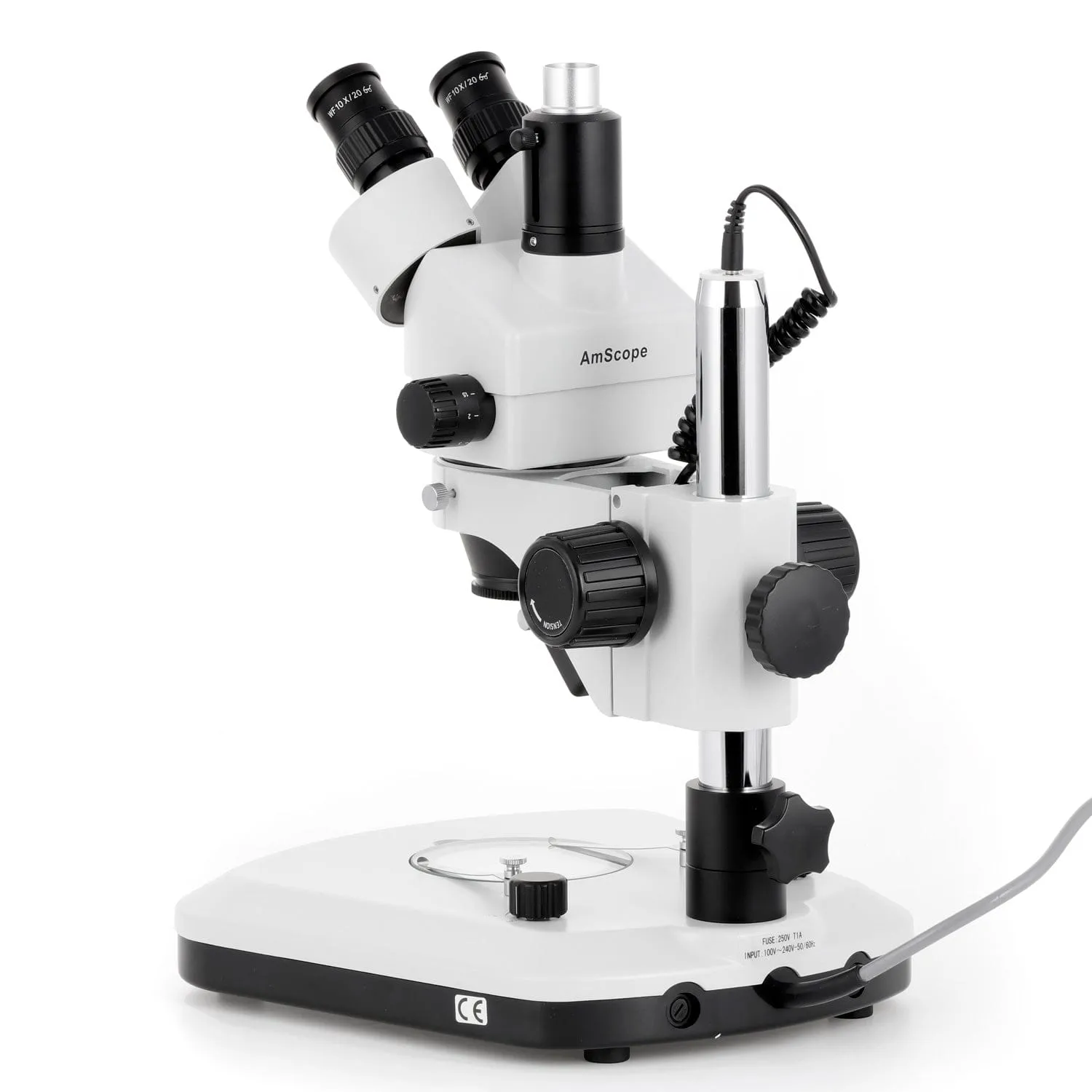 AmScope SM-1 Series Zoom Trinocular Stereo Microscope with LED Light, Auto Focus Camera on Pillar Stand with Extra Large Base Plate