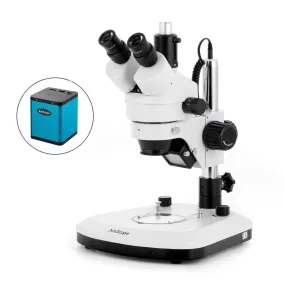 AmScope SM-1 Series Zoom Trinocular Stereo Microscope with LED Light, Auto Focus Camera on Pillar Stand with Extra Large Base Plate