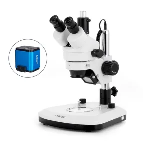 AmScope SM-1 Series Zoom Trinocular Stereo Microscope with LED Light, HDMI Camera on Pillar Stand with Extra Large Base Plate