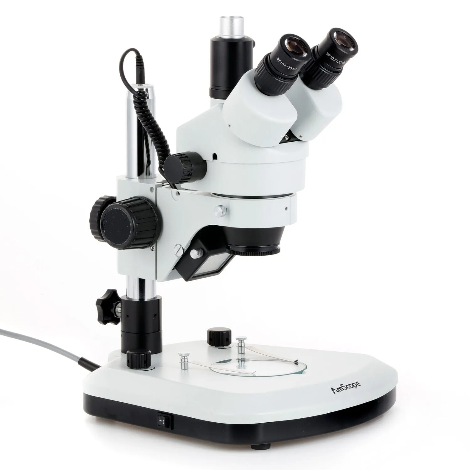 AmScope SM-1 Series Zoom Trinocular Stereo Microscope with LED Light, HDMI Camera on Pillar Stand with Extra Large Base Plate