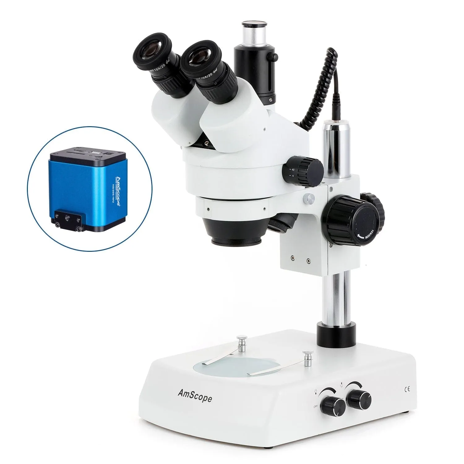 AmScope SM-2 Series Simul-Focal Zoom Trinocular Stereo Microscope on Pillar Stand with Dual Halogen Lights and HDMI Optional Digital Camera