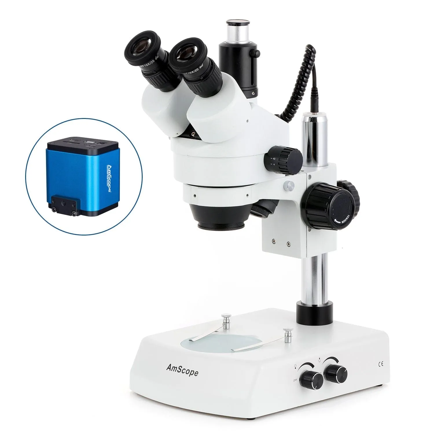 AmScope SM-2 Series Simul-Focal Zoom Trinocular Stereo Microscope on Pillar Stand with Dual Halogen Lights and HDMI Optional Digital Camera