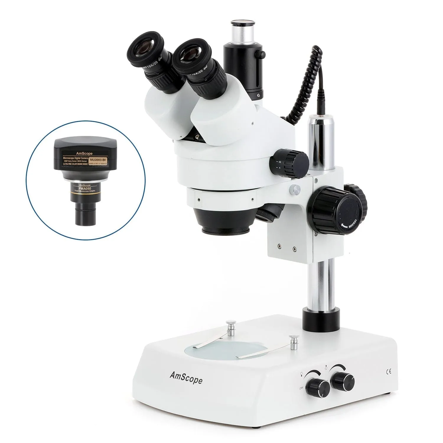 AmScope SM-2 Series Trinocular Stereo Microscope on Pillar Stand with LED Dual Lights and Optional Digital Camera