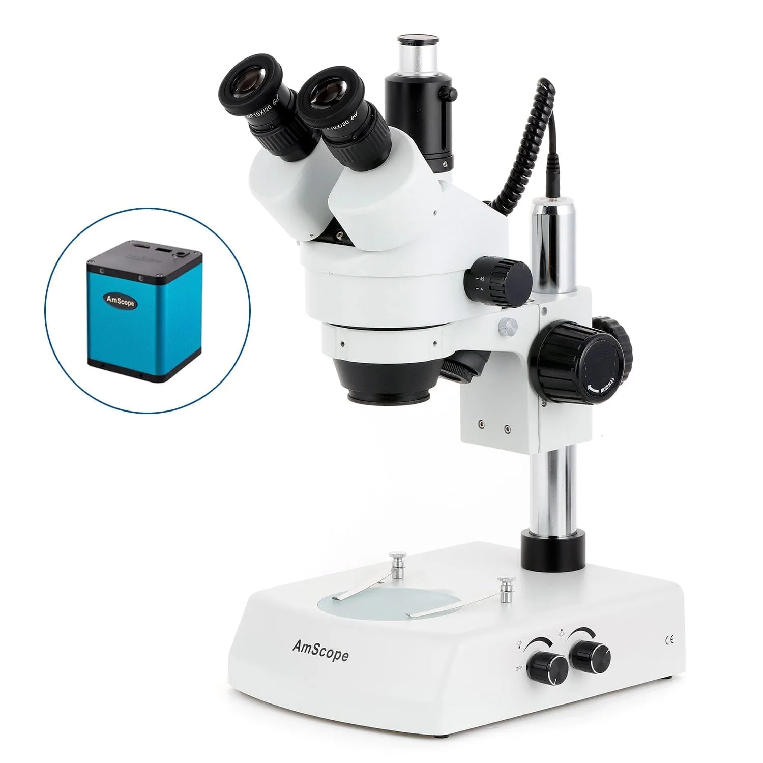 AmScope SM-2 Simul-Focal Series Zoom Trinocular Stereo Microscope on Pillar Stand with Dual Halogen Lights and Auto Focus Optional Digital Camera