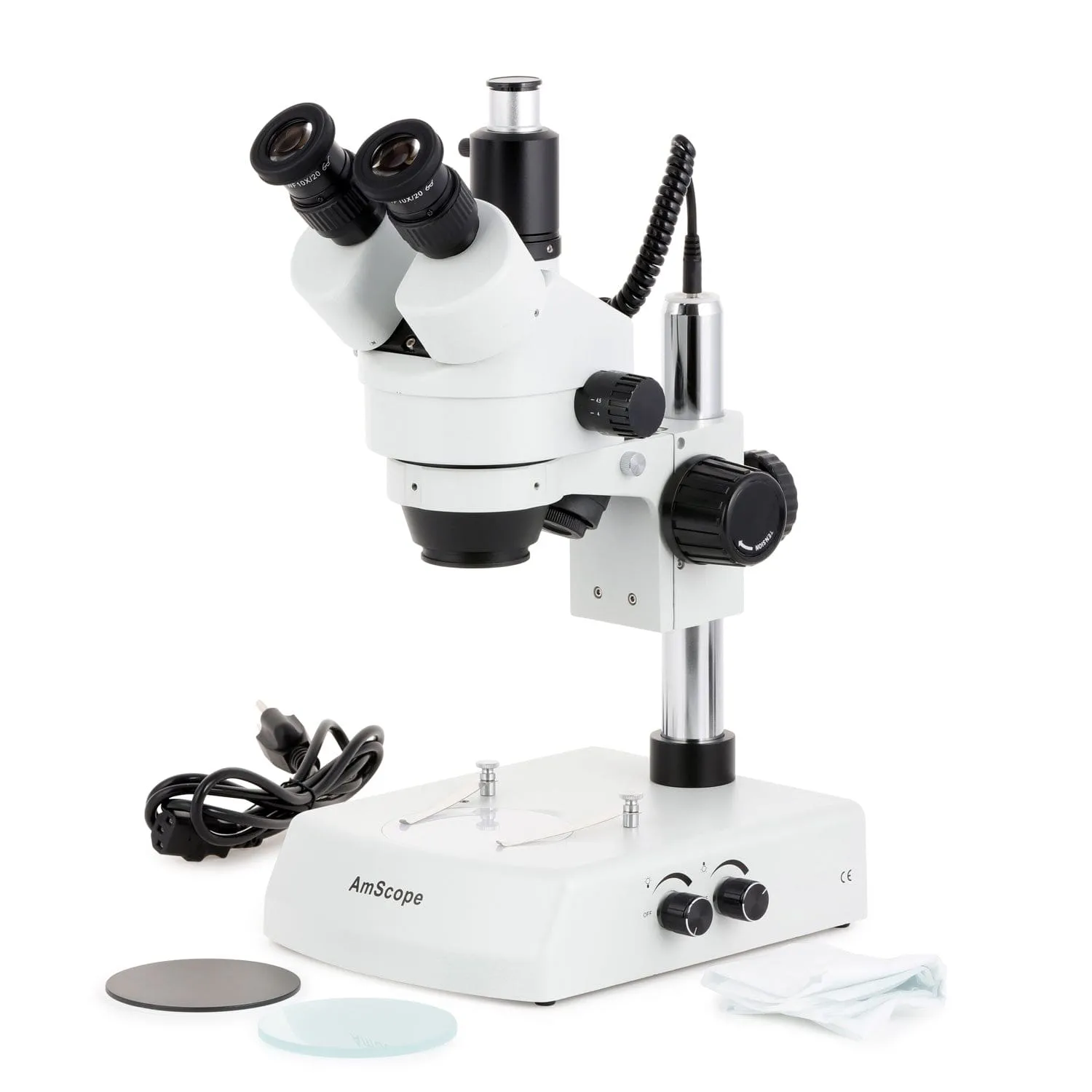 AmScope SM-2 Simul-Focal Series Zoom Trinocular Stereo Microscope on Pillar Stand with Dual Halogen Lights and Auto Focus Optional Digital Camera