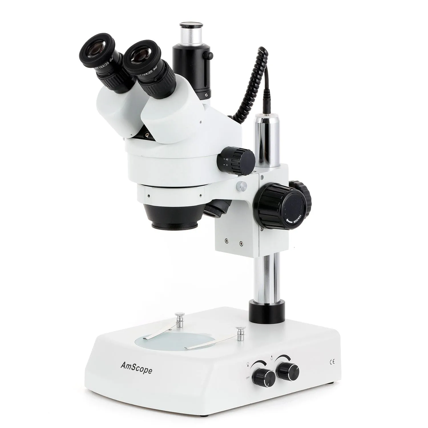 AmScope SM-2 Simul-Focal Series Zoom Trinocular Stereo Microscope on Pillar Stand with Dual Halogen Lights and Auto Focus Optional Digital Camera