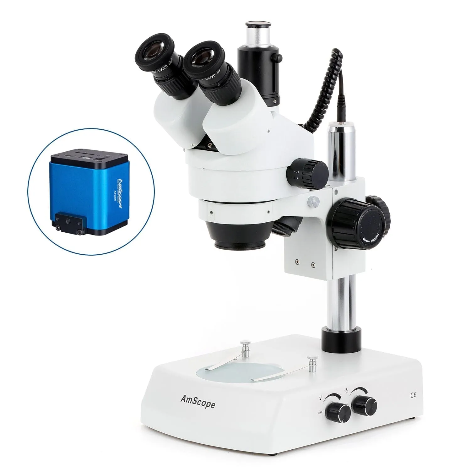 AmScope SM-2 Simul-Focal Series Zoom Trinocular Stereo Microscope on Pillar Stand with Dual Halogen Lights and Auto Focus Optional Digital Camera