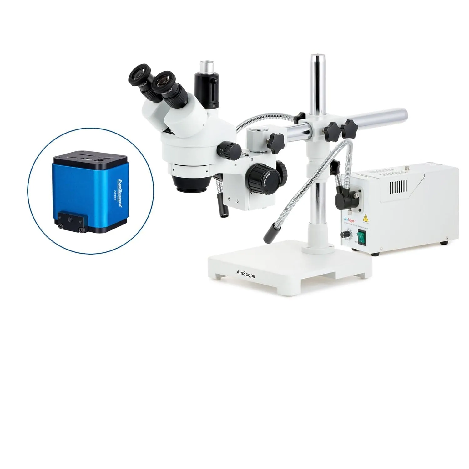 AmScope SM-3 Series Simul-Focal Zoom Trinocular Stereo Microscope with 150W Halogen Dual Fiber Gooseneck Lights and Auto Focus Camera on Single Arm Boom Stand