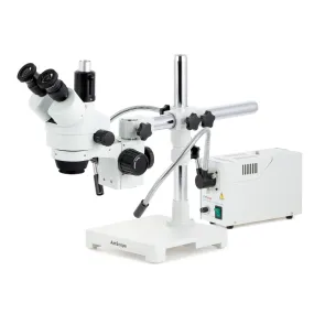 AmScope SM-3 Series Simul-Focal Zoom Trinocular Stereo Microscope with 150W Halogen Dual Fiber Gooseneck Lights and Optional Digital Camera on Single Arm Boom Stand