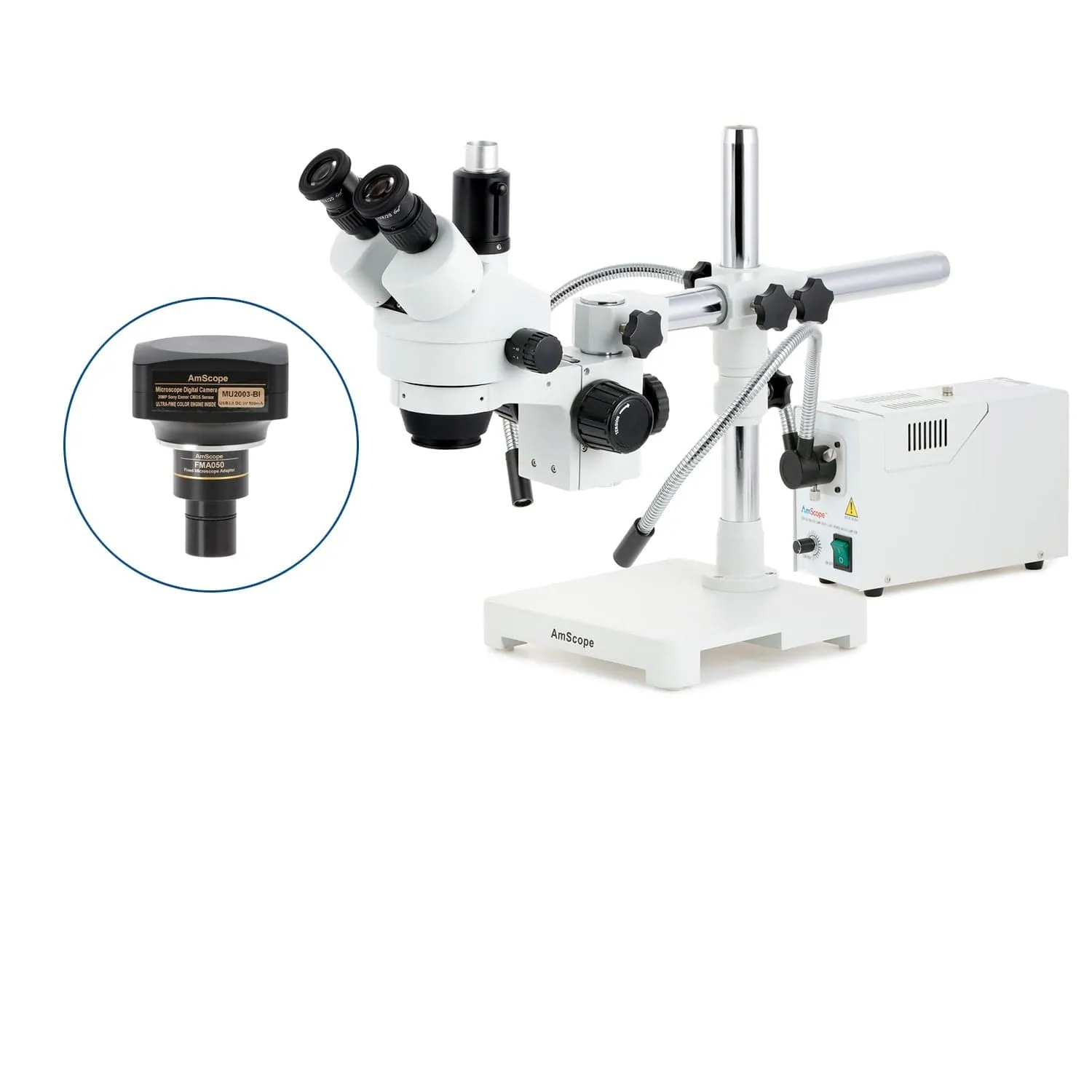 AmScope SM-3 Series Simul-Focal Zoom Trinocular Stereo Microscope with 150W Halogen Dual Fiber Gooseneck Lights and Optional Digital Camera on Single Arm Boom Stand