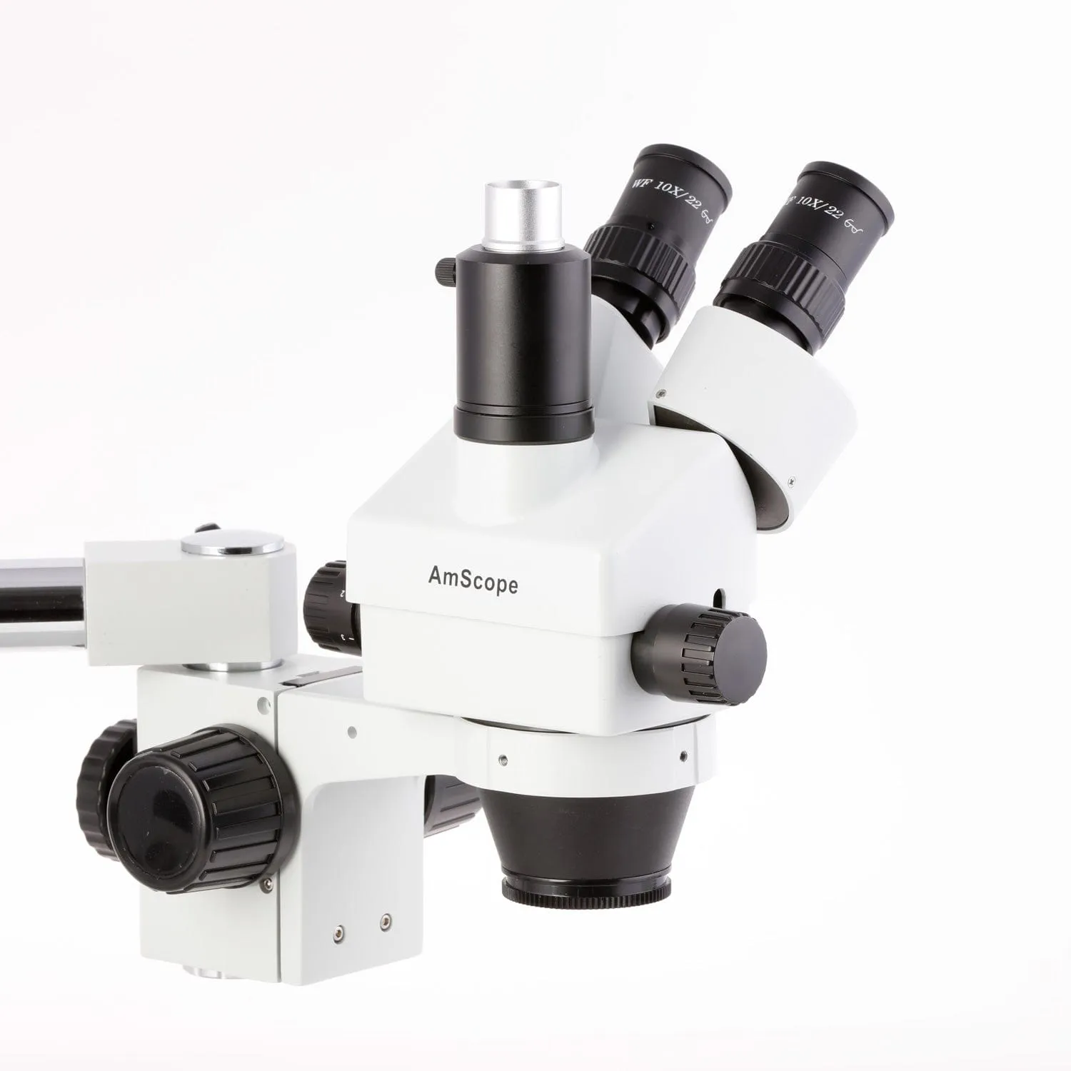 AmScope SM-3 Series Simul-Focal Zoom Trinocular Stereo Microscope with 150W Halogen Dual Fiber Gooseneck Lights and Optional Digital Camera on Single Arm Boom Stand