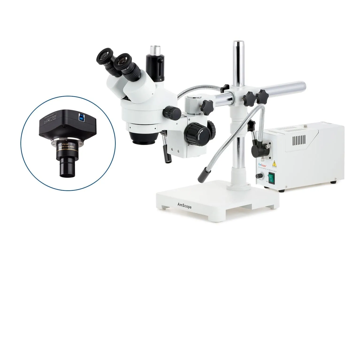 AmScope SM-3 Series Simul-Focal Zoom Trinocular Stereo Microscope with 150W Halogen Dual Fiber Gooseneck Lights and Optional Digital Camera on Single Arm Boom Stand