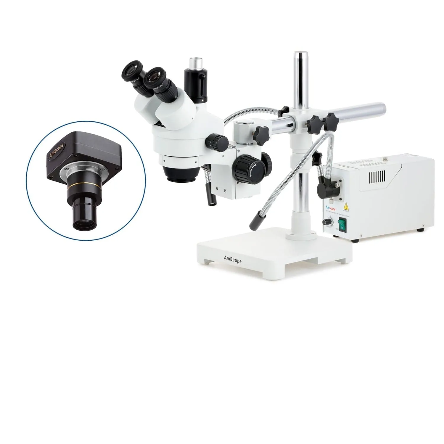AmScope SM-3 Series Simul-Focal Zoom Trinocular Stereo Microscope with 150W Halogen Dual Fiber Gooseneck Lights and Optional Digital Camera on Single Arm Boom Stand