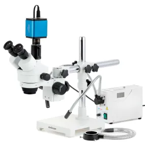 AmScope SM-3 Series Simul-Focal Zoom Trinocular Stereo Microscope with 150W Halogen Dual Gooseneck & Ring Lights and Auto Focus Camera on Single Arm Boom Stand