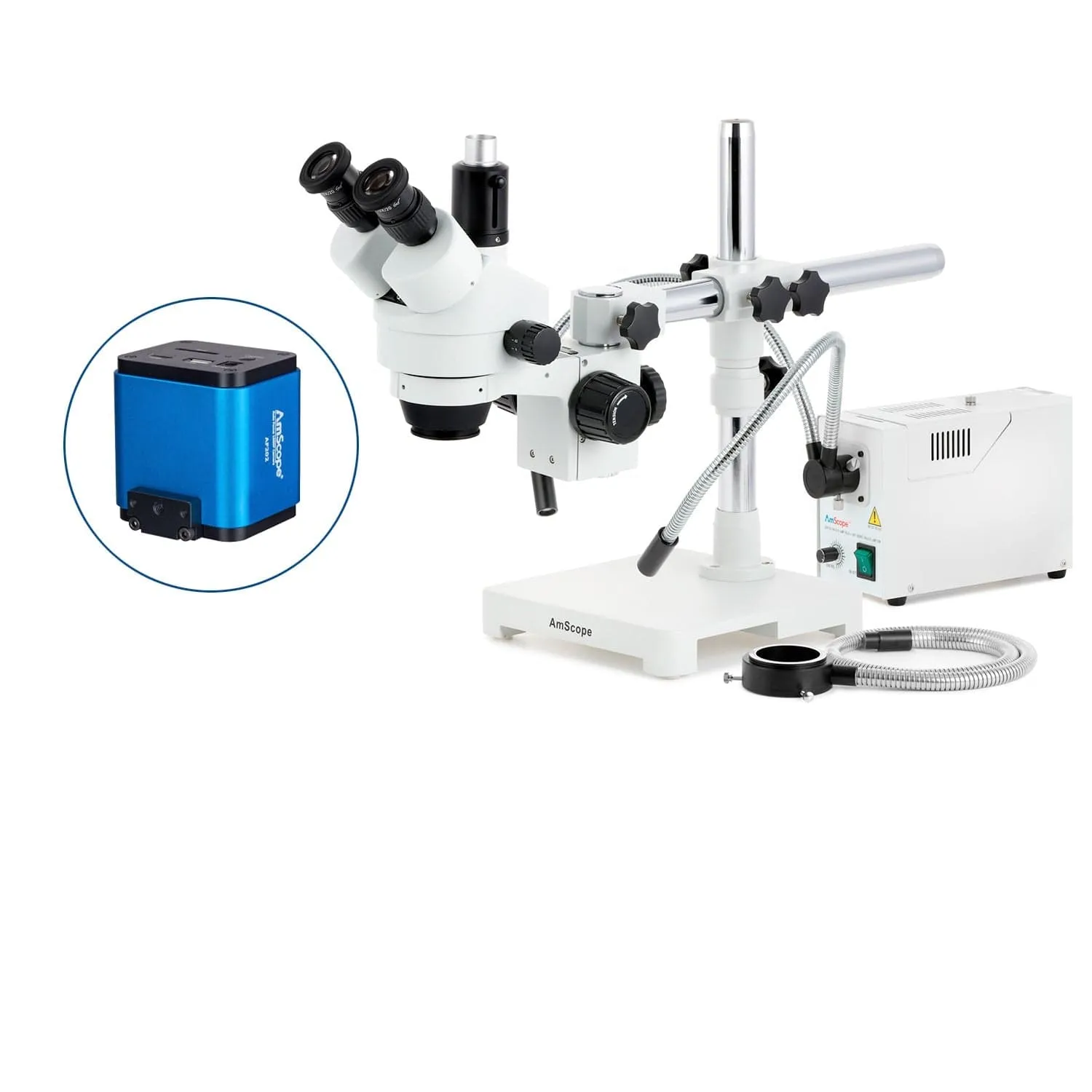AmScope SM-3 Series Simul-Focal Zoom Trinocular Stereo Microscope with 150W Halogen Dual Gooseneck & Ring Lights and Auto Focus Camera on Single Arm Boom Stand
