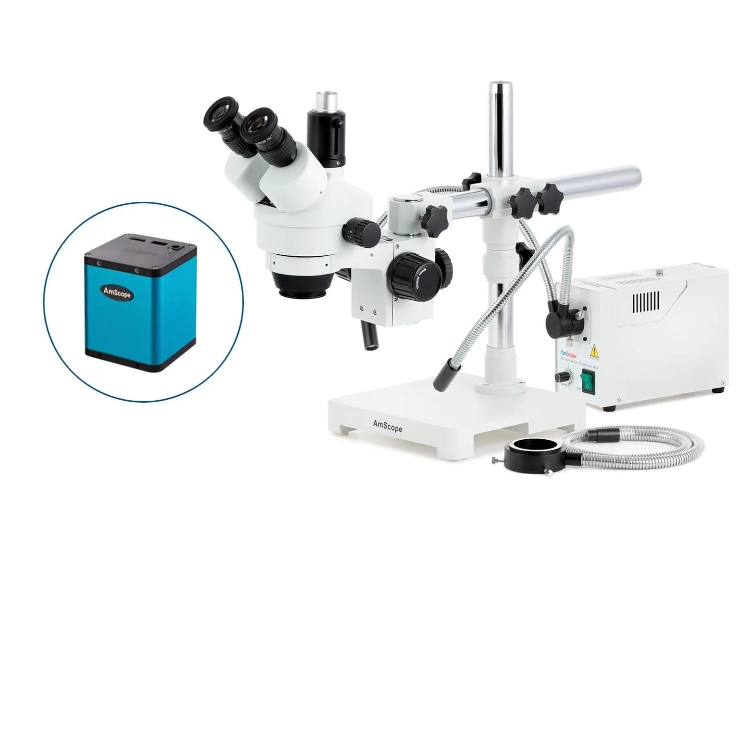 AmScope SM-3 Series Simul-Focal Zoom Trinocular Stereo Microscope with 150W Halogen Dual Gooseneck & Ring Lights and Auto Focus Camera on Single Arm Boom Stand