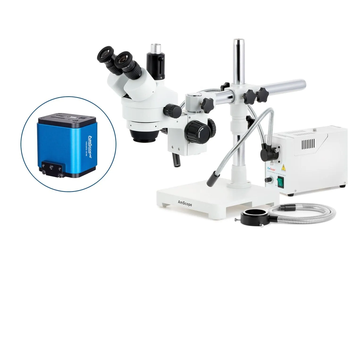 AmScope SM-3 Series Simul-Focal Zoom Trinocular Stereo Microscope with 150W Halogen Dual Gooseneck & Ring Lights and HDMI Camera on Single Arm Boom Stand