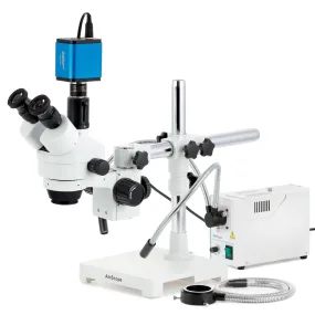 AmScope SM-3 Series Simul-Focal Zoom Trinocular Stereo Microscope with 150W Halogen Dual Gooseneck & Ring Lights and HDMI Camera on Single Arm Boom Stand