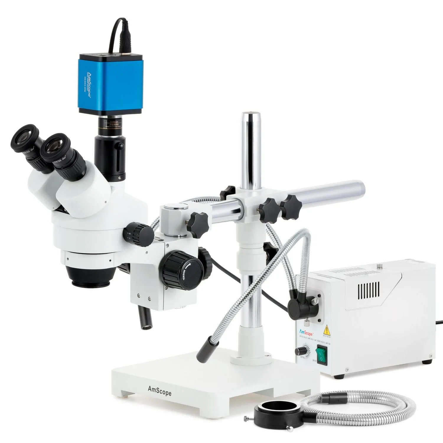 AmScope SM-3 Series Simul-Focal Zoom Trinocular Stereo Microscope with 150W Halogen Dual Gooseneck & Ring Lights and HDMI Camera on Single Arm Boom Stand