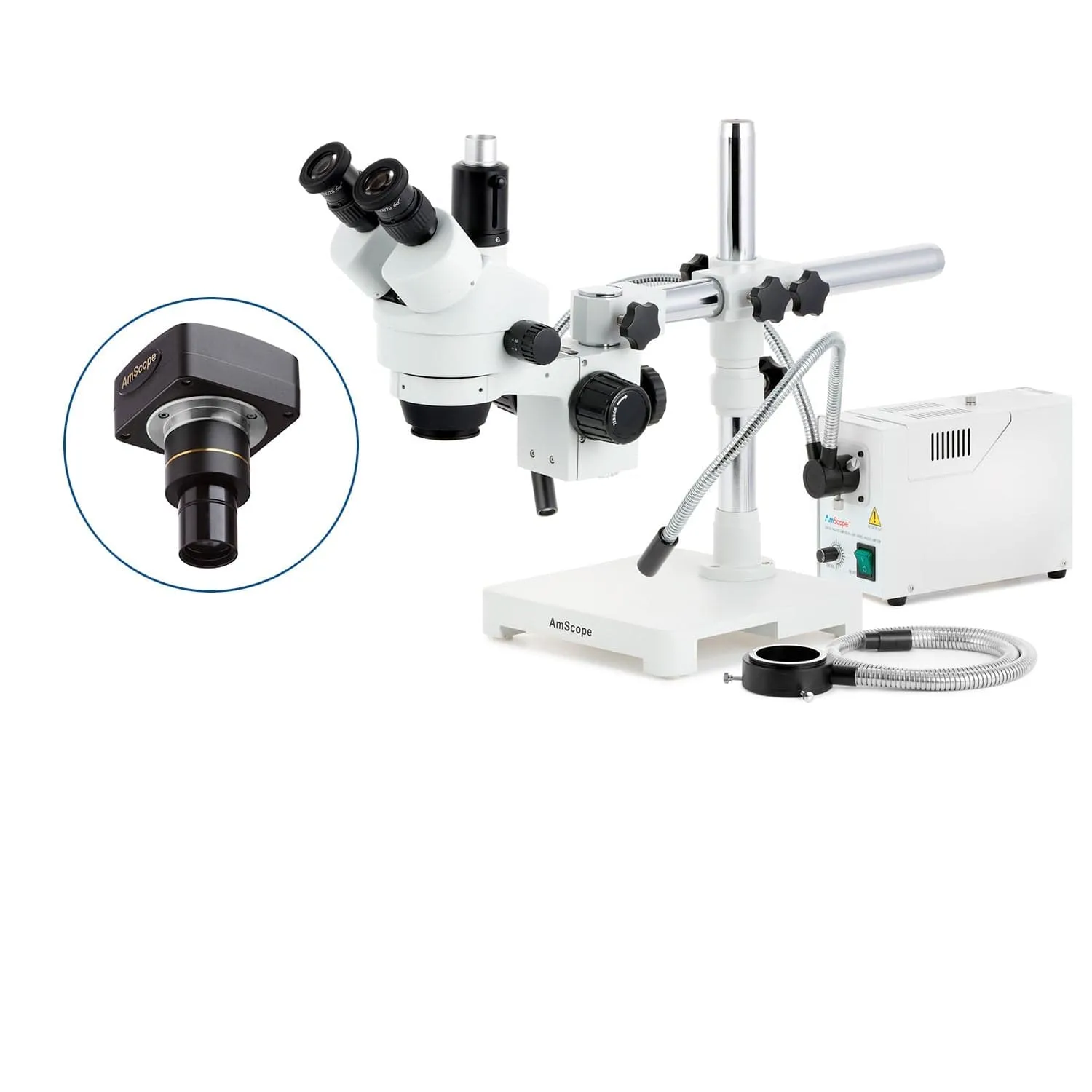 AmScope SM-3 Series Simul-Focal Zoom Trinocular Stereo Microscope with 150W Halogen Dual Gooseneck & Ring Lights and Optional Digital Camera on Single Arm Boom Stand