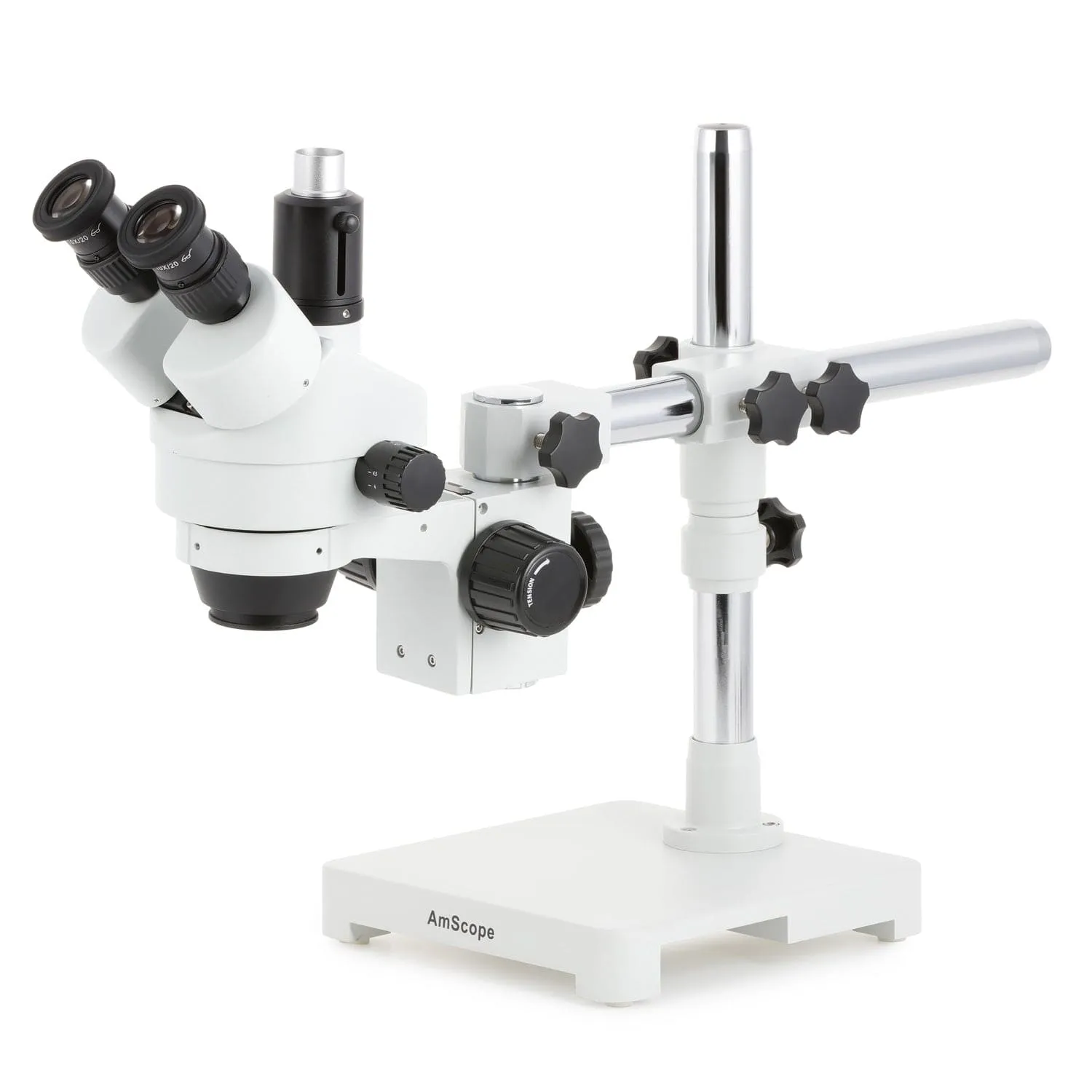 AmScope SM-3 Series Simul-Focal Zoom Trinocular Stereo Microscope with 150W Halogen Dual Gooseneck & Ring Lights and Optional Digital Camera on Single Arm Boom Stand