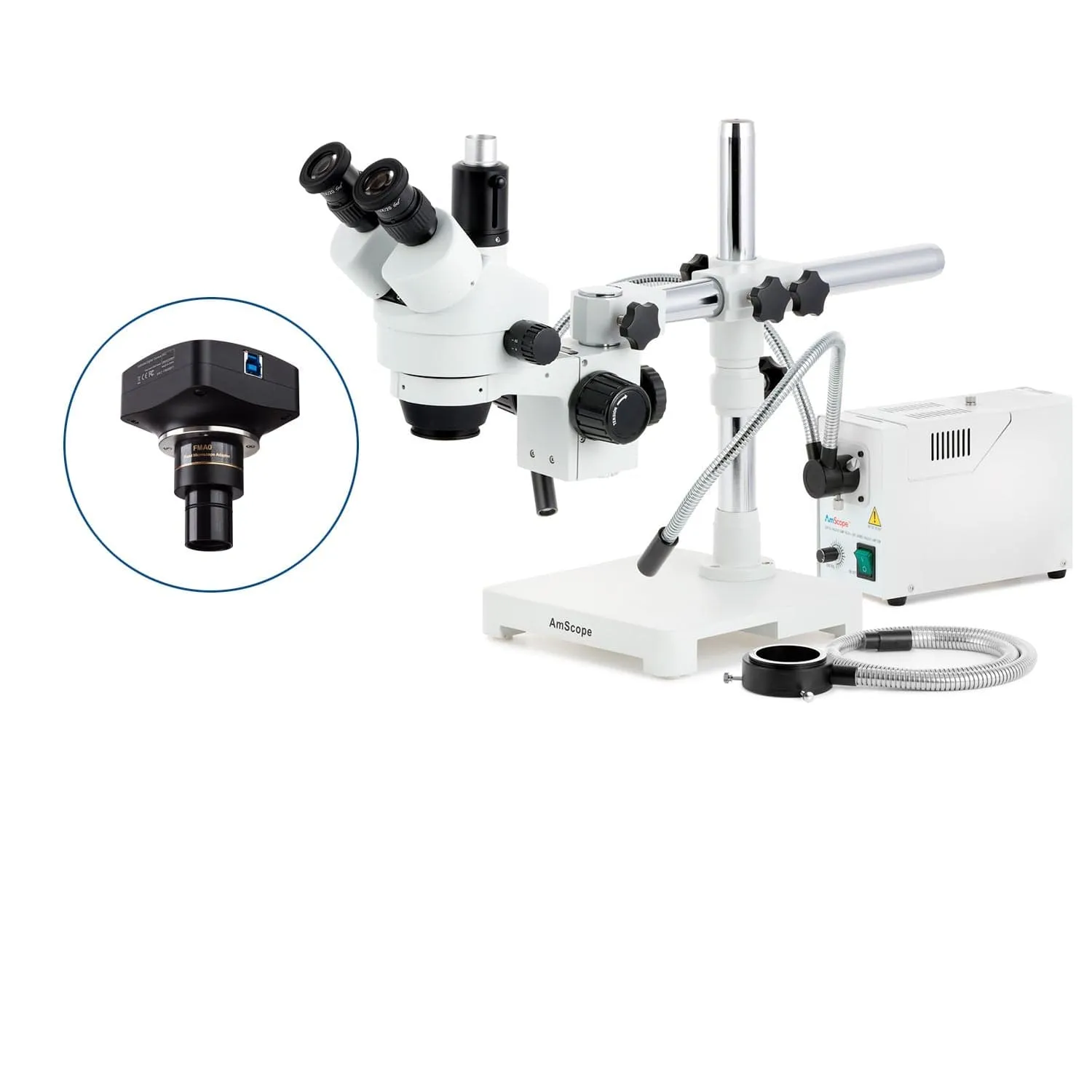 AmScope SM-3 Series Simul-Focal Zoom Trinocular Stereo Microscope with 150W Halogen Dual Gooseneck & Ring Lights and Optional Digital Camera on Single Arm Boom Stand