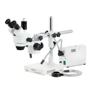 AmScope SM-3 Series Simul-Focal Zoom Trinocular Stereo Microscope with 150W Halogen Dual Gooseneck & Ring Lights and Optional Digital Camera on Single Arm Boom Stand