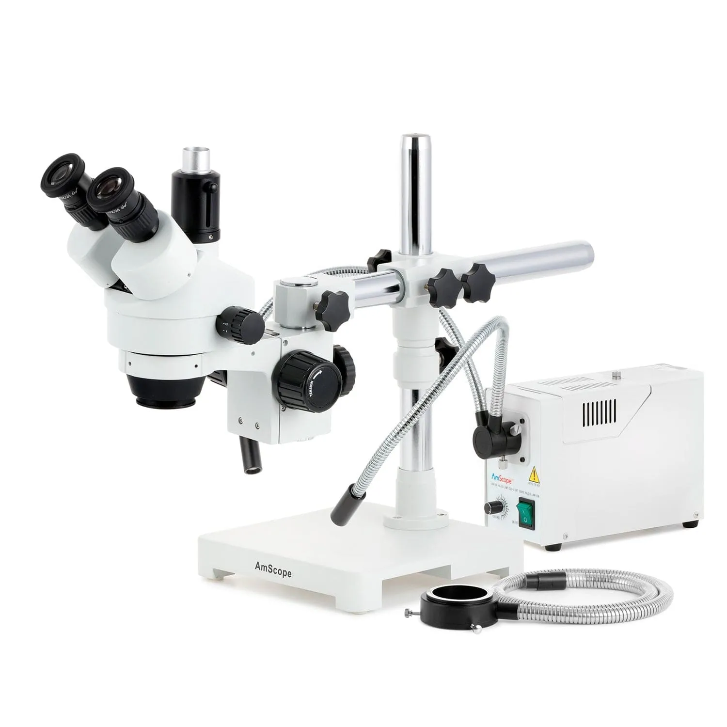 AmScope SM-3 Series Simul-Focal Zoom Trinocular Stereo Microscope with 150W Halogen Dual Gooseneck & Ring Lights and Optional Digital Camera on Single Arm Boom Stand
