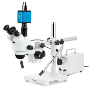 AmScope SM-3 Series Simul-Focal Zoom Trinocular Stereo Microscope with 30W LED Dual Gooseneck Fiber Optic Lights and Auto Focus Camera on Single Arm Boom Stand