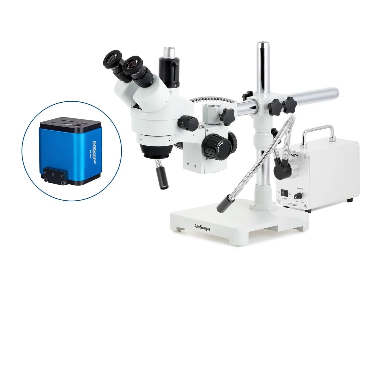 AmScope SM-3 Series Simul-Focal Zoom Trinocular Stereo Microscope with 30W LED Dual Gooseneck Fiber Optic Lights and Auto Focus Camera on Single Arm Boom Stand