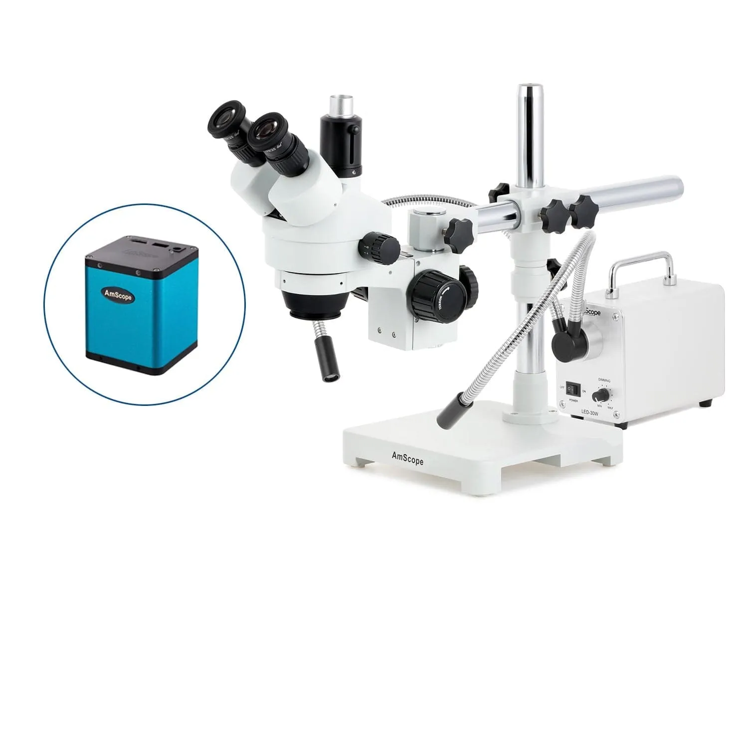 AmScope SM-3 Series Simul-Focal Zoom Trinocular Stereo Microscope with 30W LED Dual Gooseneck Fiber Optic Lights and Auto Focus Camera on Single Arm Boom Stand