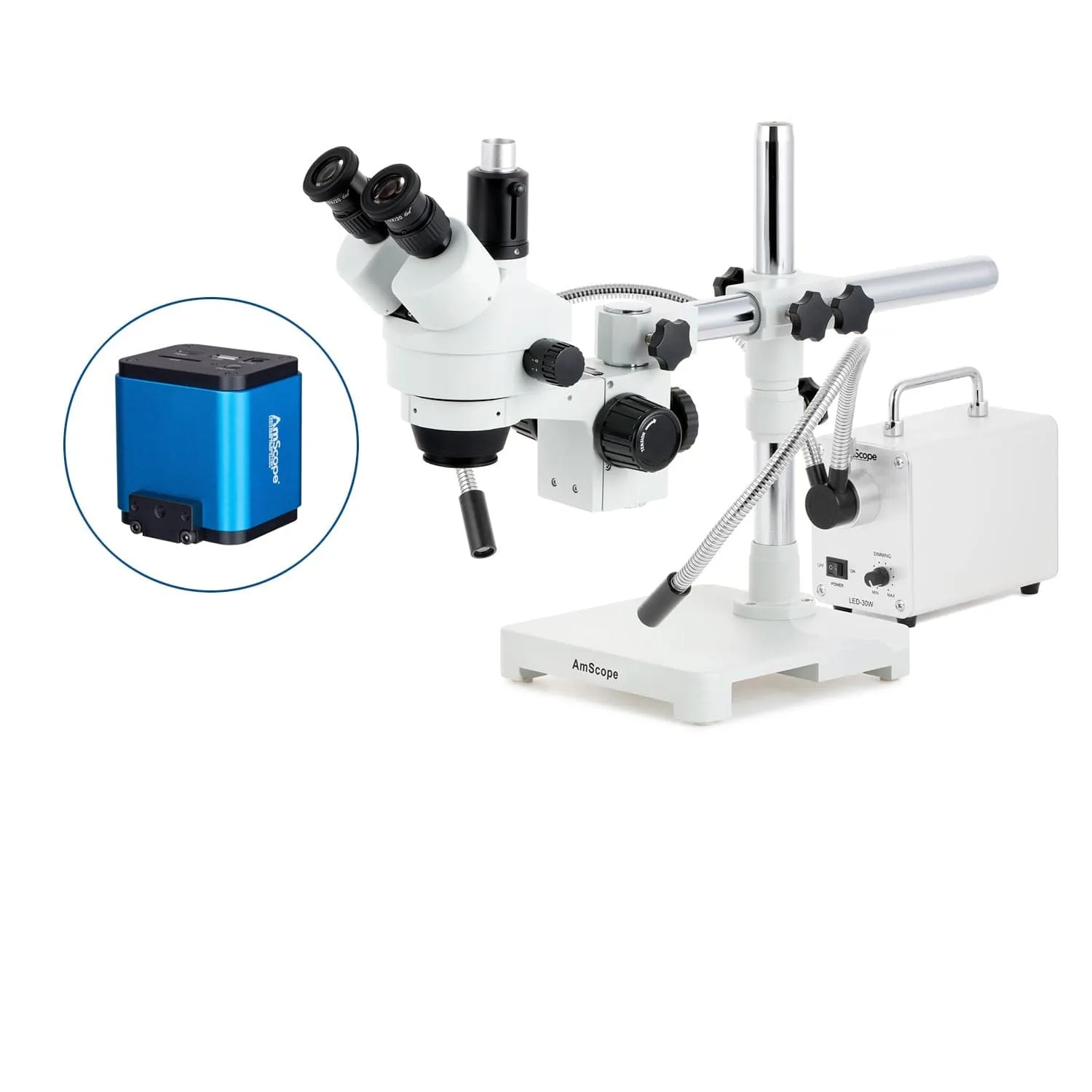 AmScope SM-3 Series Simul-Focal Zoom Trinocular Stereo Microscope with 30W LED Dual Gooseneck Fiber Optic Lights and HDMI Camera on Single Arm Boom Stand
