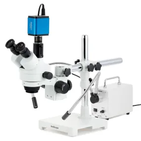 AmScope SM-3 Series Simul-Focal Zoom Trinocular Stereo Microscope with 30W LED Dual Gooseneck Fiber Optic Lights and HDMI Camera on Single Arm Boom Stand