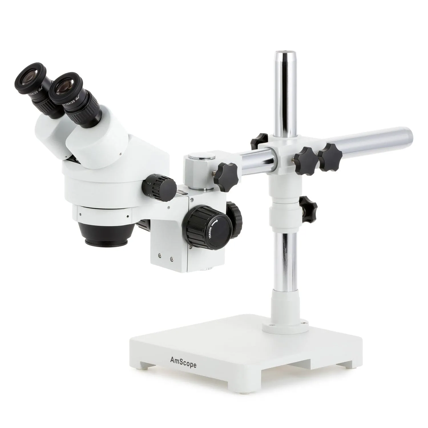 AmScope SM-3 Series Zoom Binocular Stereo Microscope with 150W Halogen Dual Fiber Gooseneck Lights and Optional Digital Camera on Single Arm Boom Stand