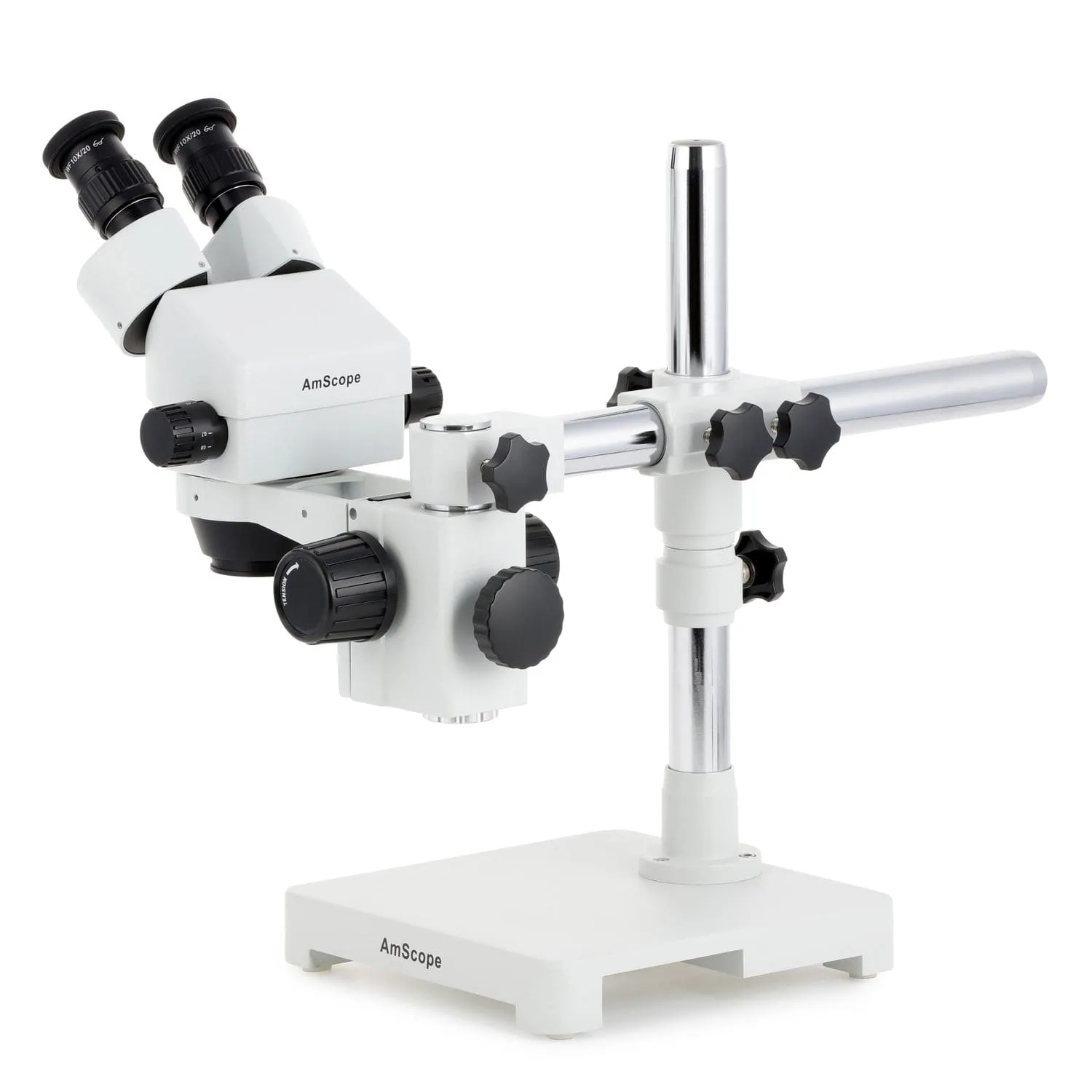 AmScope SM-3 Series Zoom Binocular Stereo Microscope with 150W Halogen Dual Fiber Gooseneck Lights and Optional Digital Camera on Single Arm Boom Stand