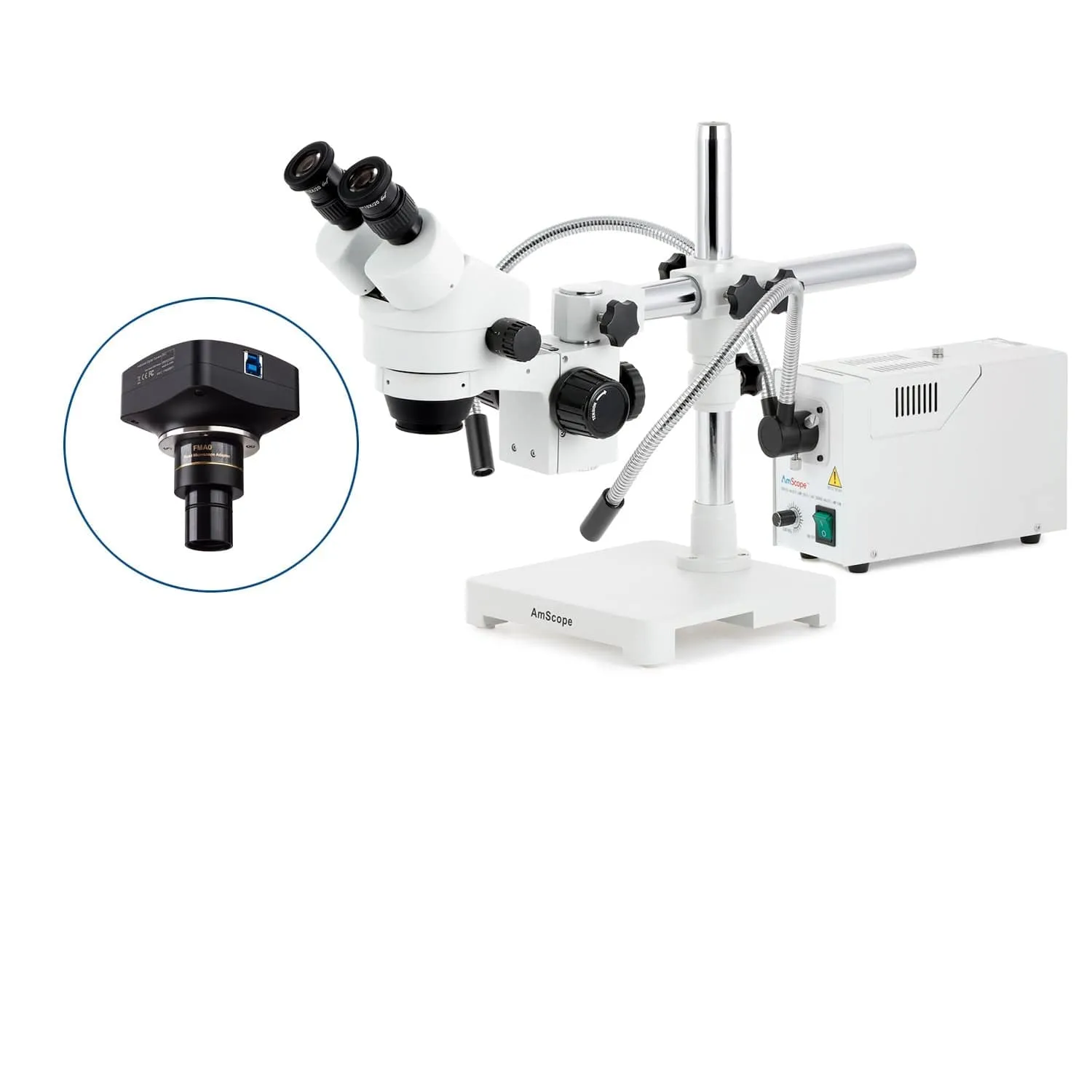 AmScope SM-3 Series Zoom Binocular Stereo Microscope with 150W Halogen Dual Fiber Gooseneck Lights and Optional Digital Camera on Single Arm Boom Stand