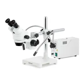 AmScope SM-3 Series Zoom Binocular Stereo Microscope with 150W Halogen Dual Fiber Gooseneck Lights and Optional Digital Camera on Single Arm Boom Stand