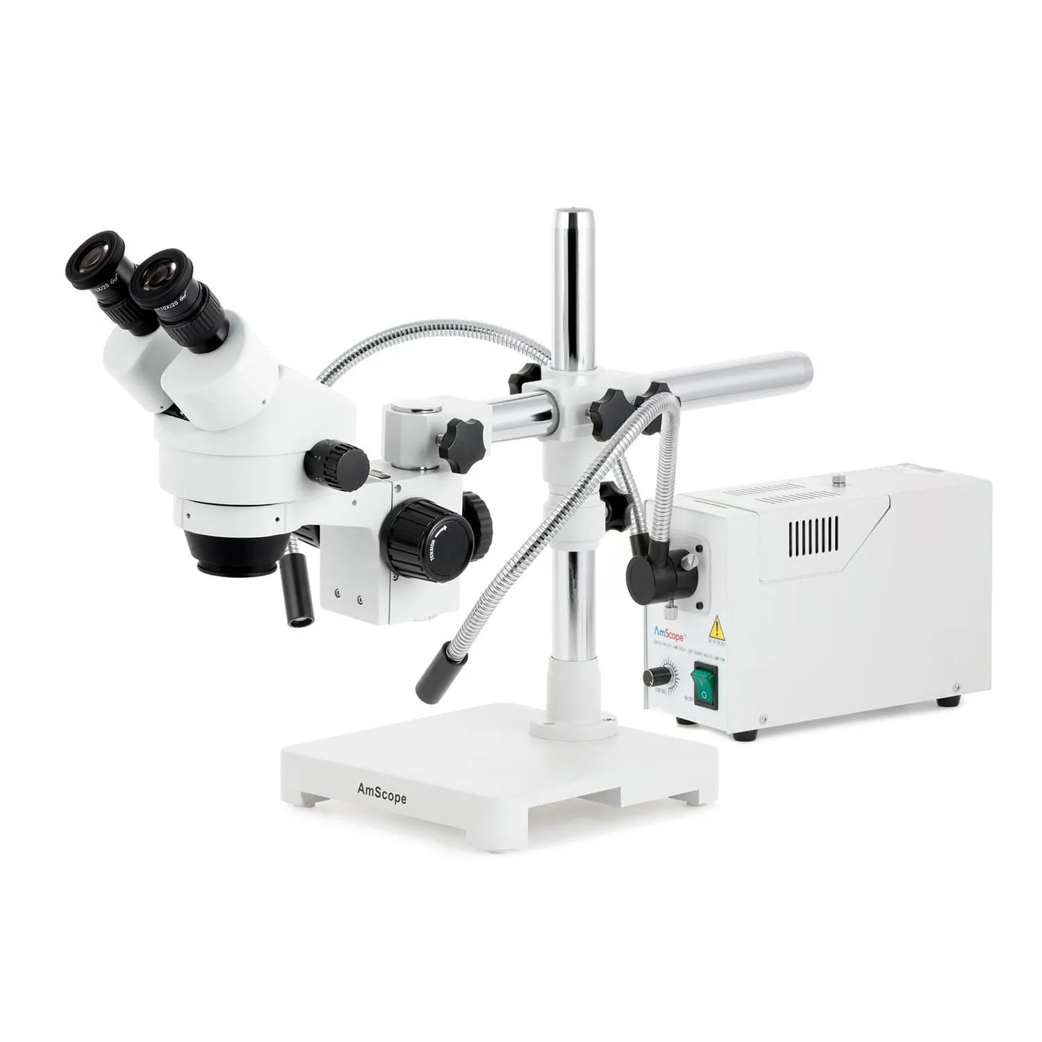 AmScope SM-3 Series Zoom Binocular Stereo Microscope with 150W Halogen Dual Fiber Gooseneck Lights and Optional Digital Camera on Single Arm Boom Stand