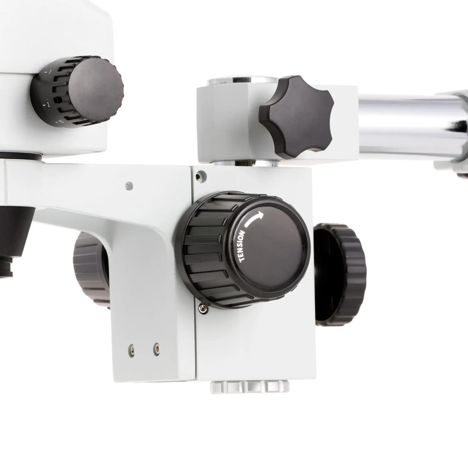 AmScope SM-3 Series Zoom Binocular Stereo Microscope with 150W Halogen Dual Fiber Gooseneck Lights and Optional Digital Camera on Single Arm Boom Stand